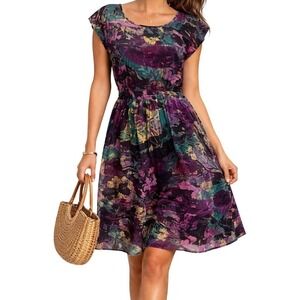 Abstract Print Midi‎ Dress Purple Green Yellow Cap Sleeve Elastic Waist Belted